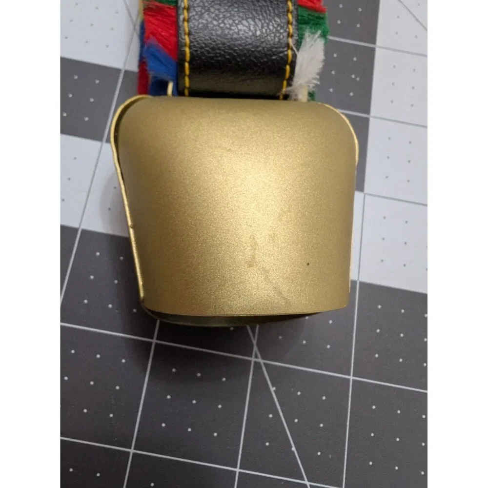 Cow Bell Brass painted wild flowers faux leather‎ colorful cow charm 6 inch
